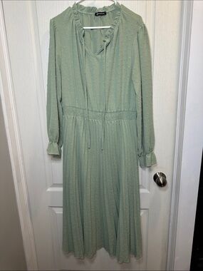 PrettyGarden sage green pleat skirt maxi dress with lantern / balloon sleeve L
